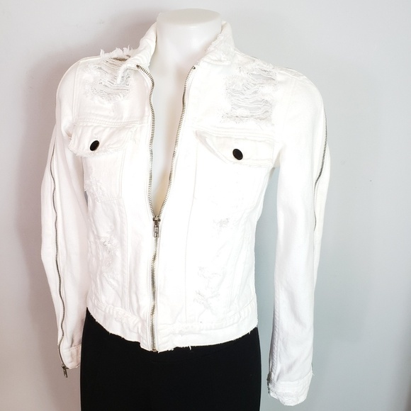 Carmar LF white denim jacket zip front sleeve dist - Picture 5 of 12